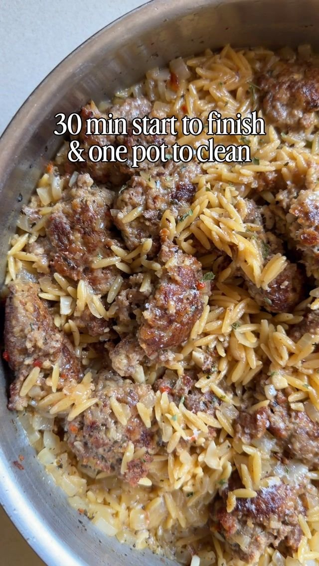 One Pot Creamy Orzo and Meatballs